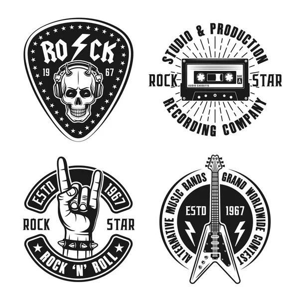 Набір з чотирьох рок-н-рол музики Векторні емблеми, ярлики, значки та логотипи в вінтажному стилі на білому — стоковий вектор