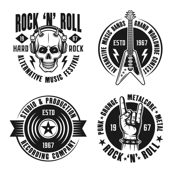 Rock n roll music set of vector emblems, labels, badges and logos in vintage style on white — Stock Vector