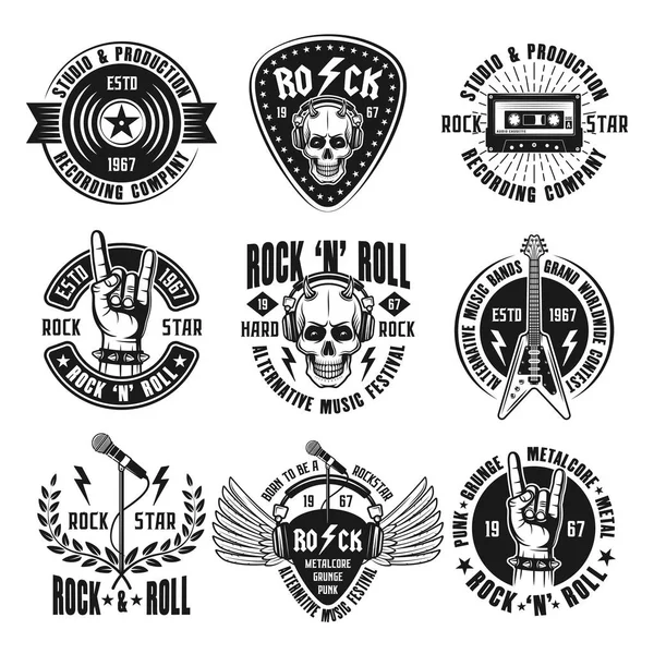 Rock n ' roll μουσική σύνολο vintage εμβλήματα, ετικέτες, εμβλήματα και λογότυπα σε μονόχρωμη στυλ που απομονώνονται σε λευκό φόντο εικονογράφηση διάνυσμα — Διανυσματικό Αρχείο