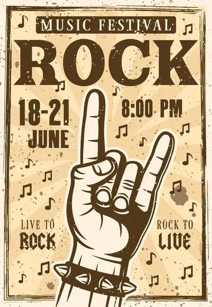 Cartel del festival de rock o pancarta con cuernos mano gesto vector ilustración en estilo vintage. Texturas grunge en capas, separadas y texto — Archivo Imágenes Vectoriales