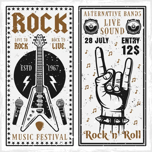 Festival de música rock dos pancartas verticales o volantes de invitación plantillas vectoriales con guitarra y cuernos gesto de la mano. Capas, textura grunge separada y texto — Vector de stock