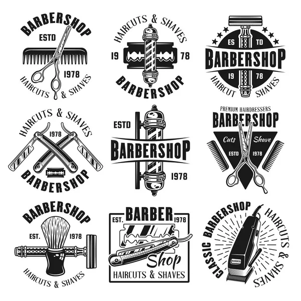 Barbearia ou salão de cabeleireiro conjunto de nove emblemas monocromáticos vetoriais isolados no fundo branco —  Vetores de Stock