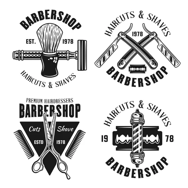 Barbearia conjunto de quatro emblemas em ilustração vetorial estilo monocromático isolado no fundo branco —  Vetores de Stock