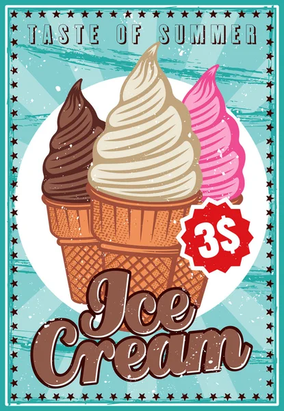 冰淇淋彩色广告海报在老式风格的机构与垃圾纹理和样本文本在不同的层 — 图库矢量图片