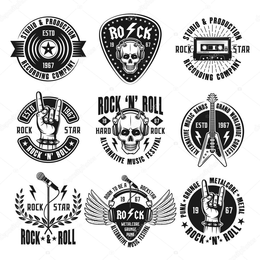 Rock n roll music set of vintage emblems, labels, badges and logos in monochrome style isolated on white background vector illustration