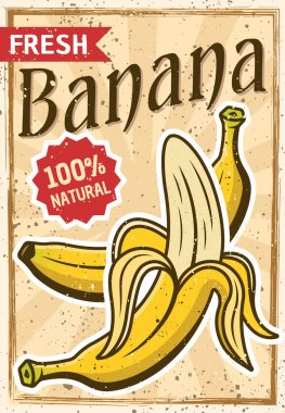 Banana tropical fruit colored advertising poster in vintage style with grunge textures and sample text  clipart