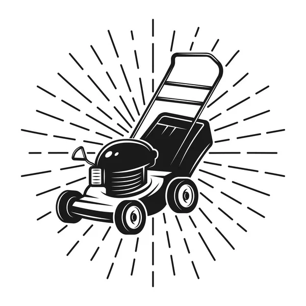 Lawn mower with rays in vintage style on white — Stock Vector