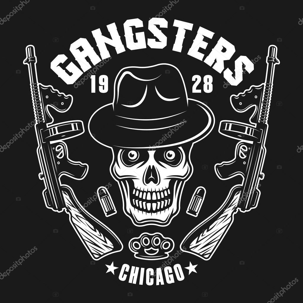 Gangster skull in hat with two machine guns vector emblem, label, print or logo isolated on dark background