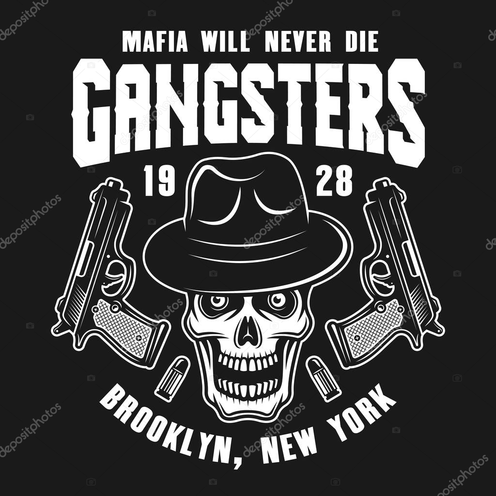 Mafia vector emblem, label, print or logo with gangster skull in fedora hat and two guns isolated on dark background