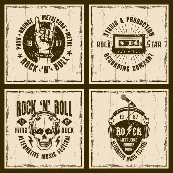 Música rock and roll cuatro emblemas de estilo vintage — Vector de stock