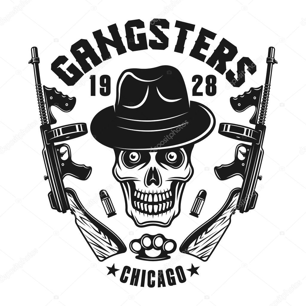 Mafia emblem, label, print or logo gangster skull in hat with two machine guns. Vector illustration in monochrome style isolated on white background