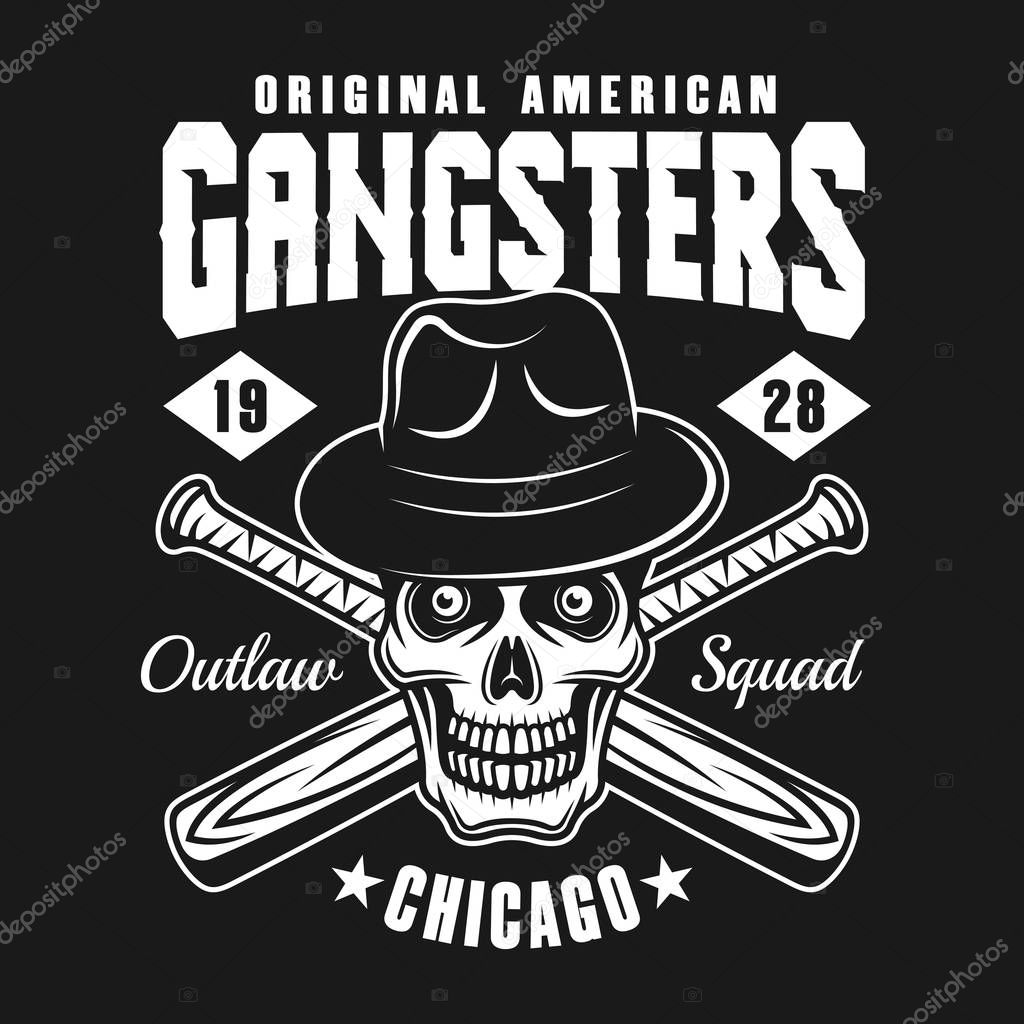 Gangster skull in fedora hat and two crossed baseball bats vector emblem, label, print or logo with headline text on separate layer isolated on dark background