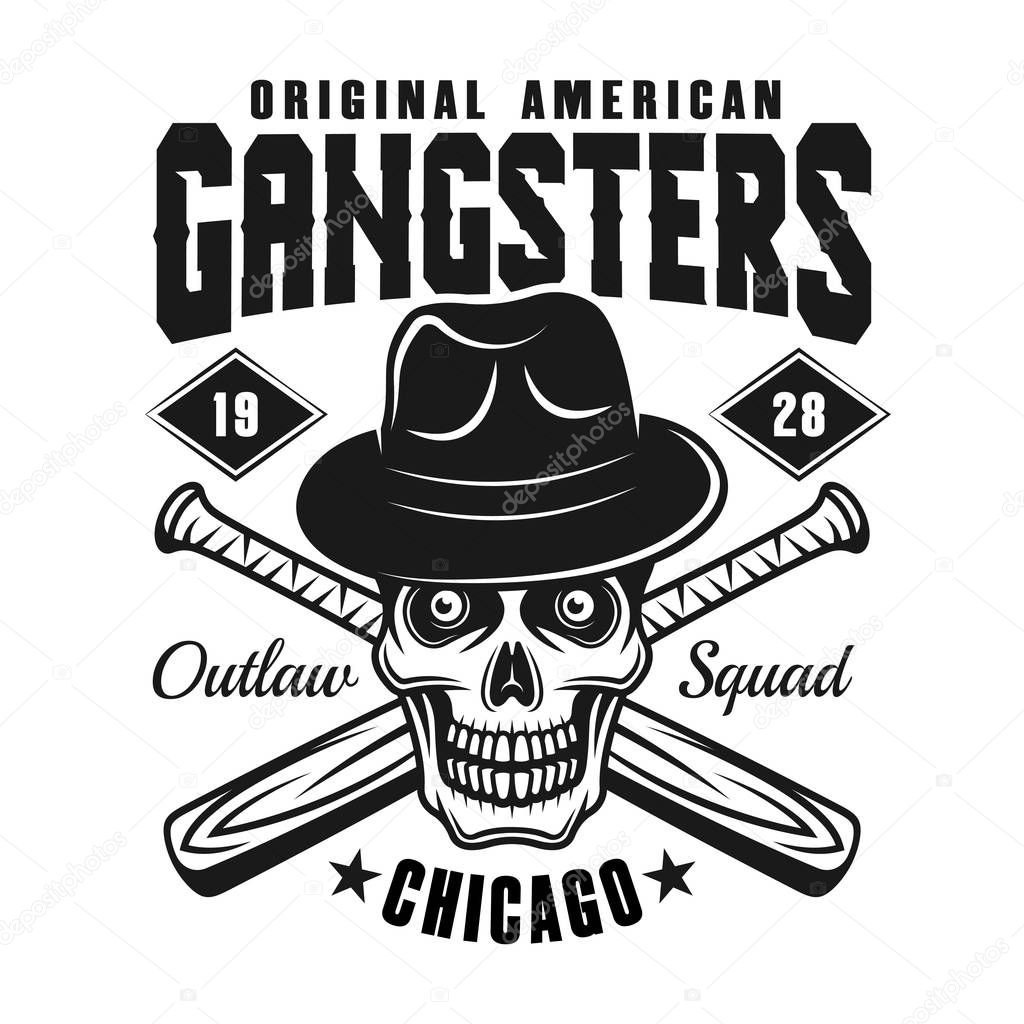 Gangster skull in fedora hat and two crossed baseball bats emblem, label, print or logo with headline text on separate layer. Vector illustration in monochrome style isolated on white background