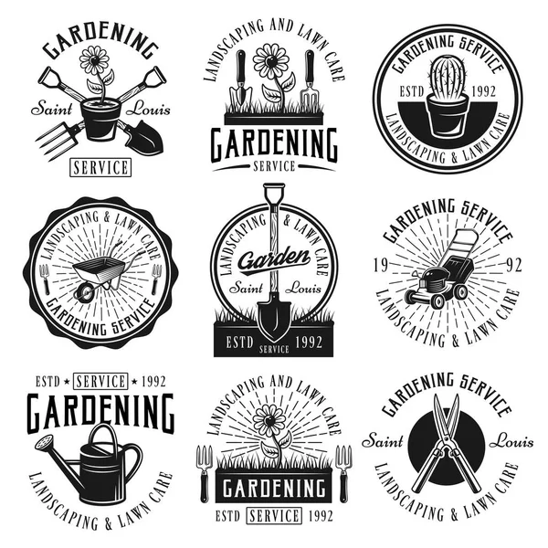 Servizio di giardinaggio set di emblemi, badge, etichette — Vettoriale Stock