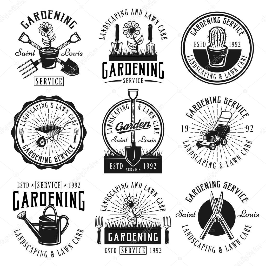 Gardening service set of emblems, badges, labels