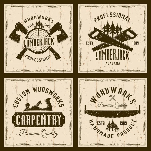Carpintería y carpintería cuatro emblemas retro de colores — Vector de stock