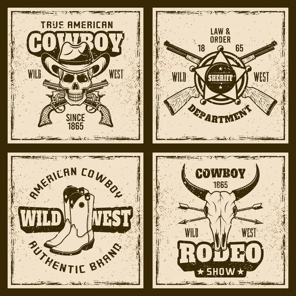 Dört renkli vintage Amblemler kovboy ve rodeo — Stok Vektör