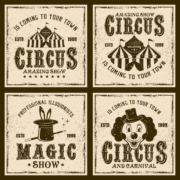 Circo mostrar cuatro emblemas vintage de color — Vector de stock