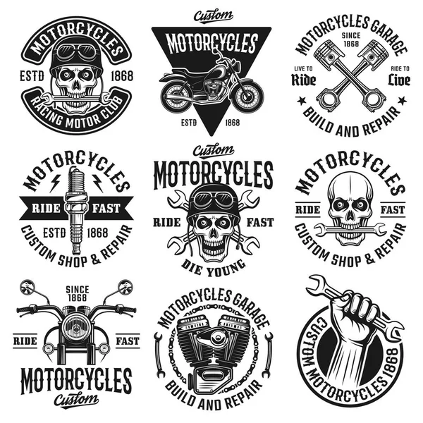 Motorcycles set of nine vector vintage emblems — Stock Vector