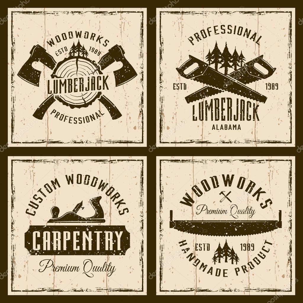 Woodworks and carpentry four colored emblems or shirt prints on background with grunge textures and frame vector illustration