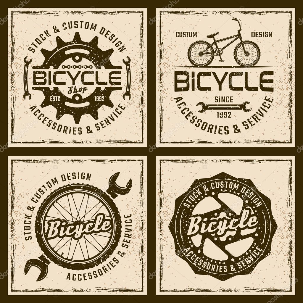 Bicycle shop and service four colored emblems or shirt prints on background with grunge textures and frame vector illustration