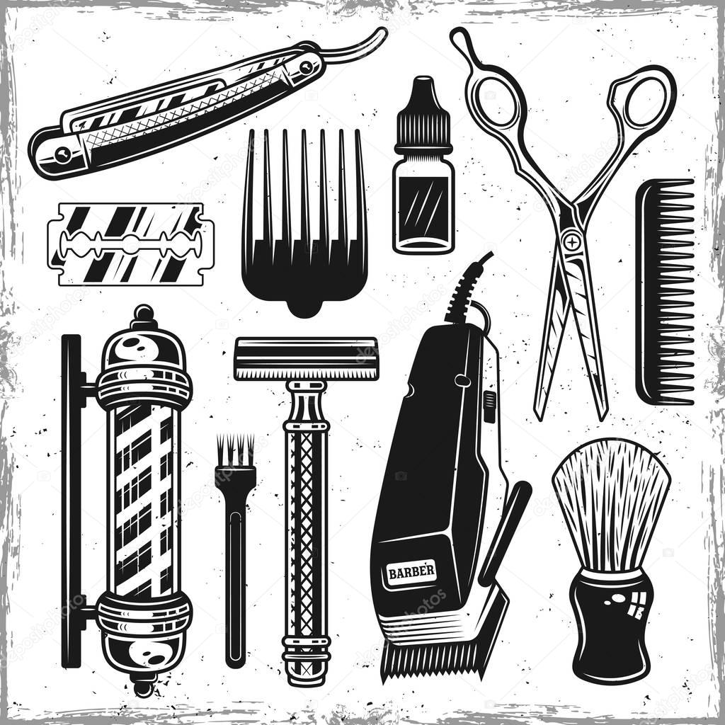 Hairdressers tools and barbershop vintage elements