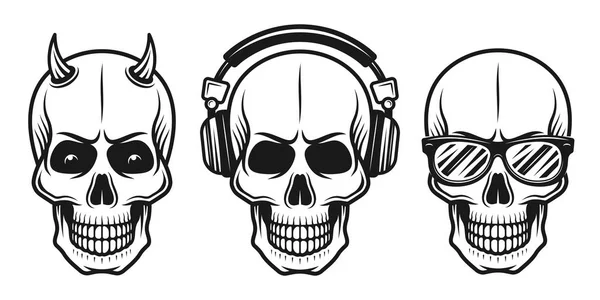 Set of three different skulls vector elements — Stock Vector