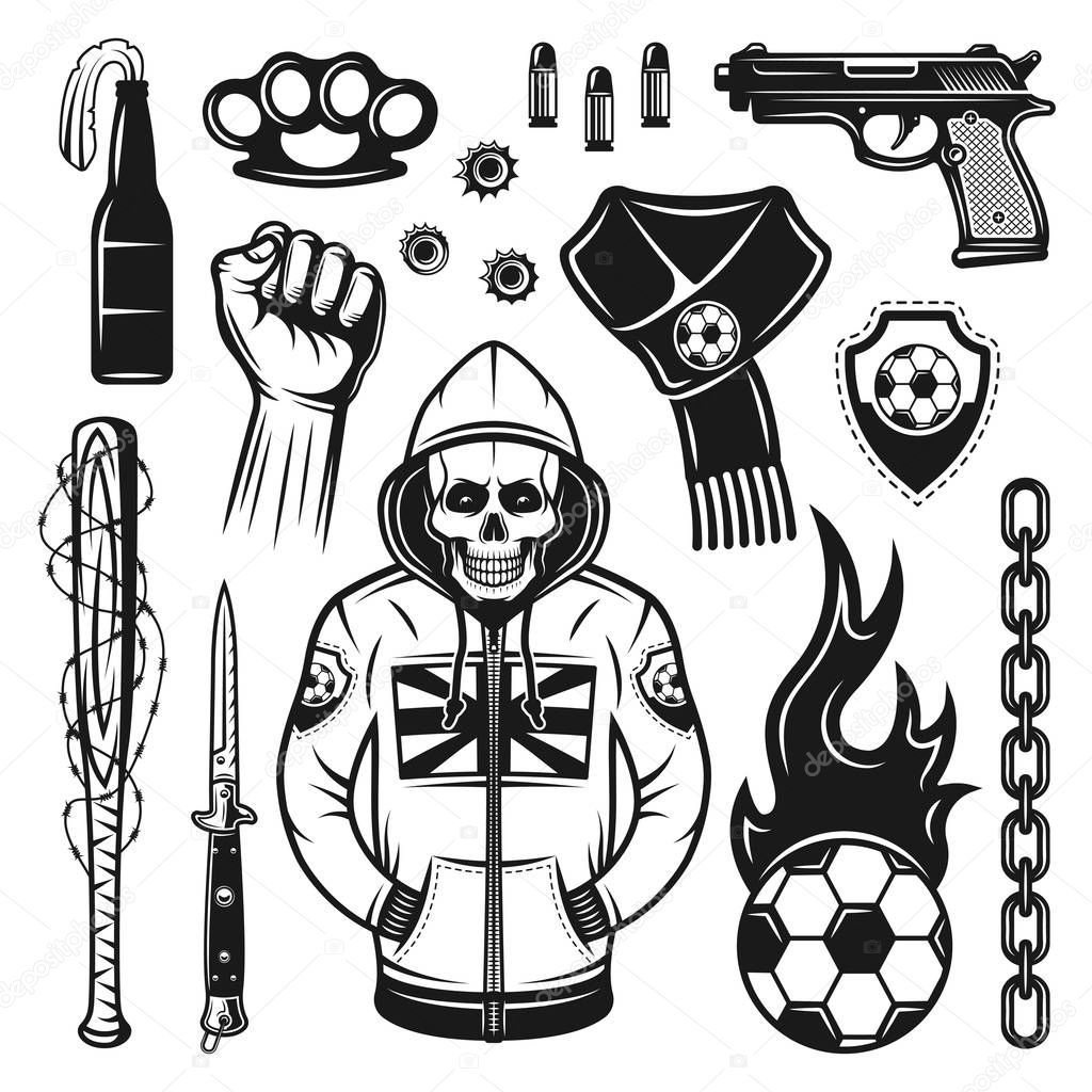 Soccer hooligans attributes set of vector objects