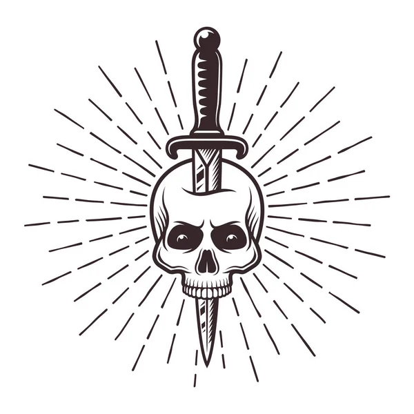 Kniv i skallen tatuering print med strålar illustration — Stock vektor