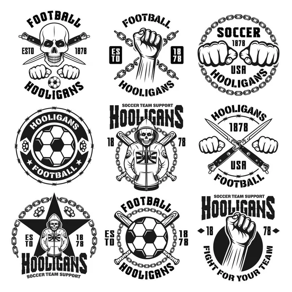 Hooligan e banditi del calcio o del calcio emblemi — Vettoriale Stock