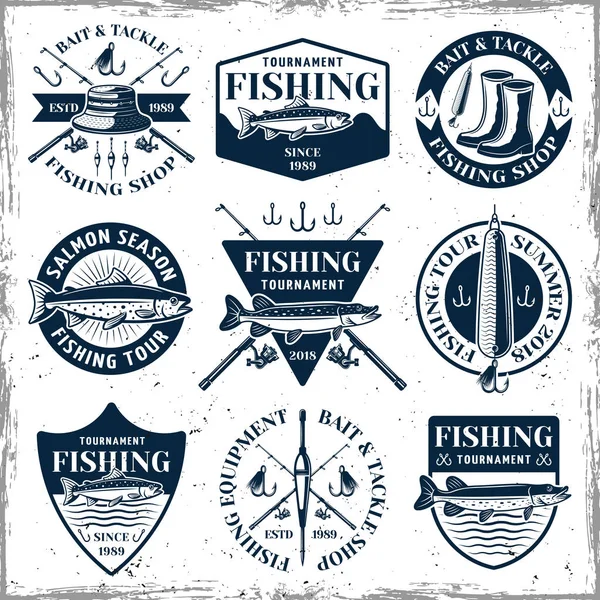 Juego de pesca de nueve emblemas de vectores vintage — Vector de stock