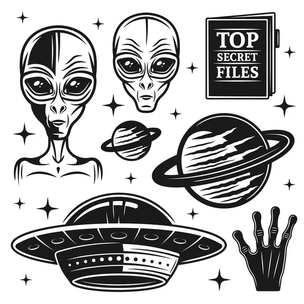 Aliens and ufo set of paranormal activity elements — Stock Vector