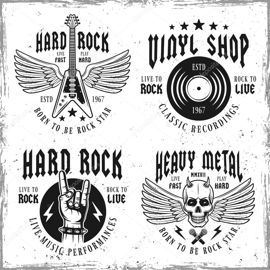 Set of four rock music vector emblems, labels, badges or logos in vintage style isolated on background with removable textures part 2