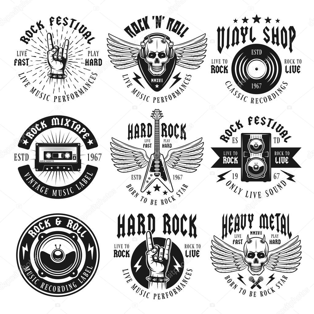Rock and heavy metal music set of vector emblems