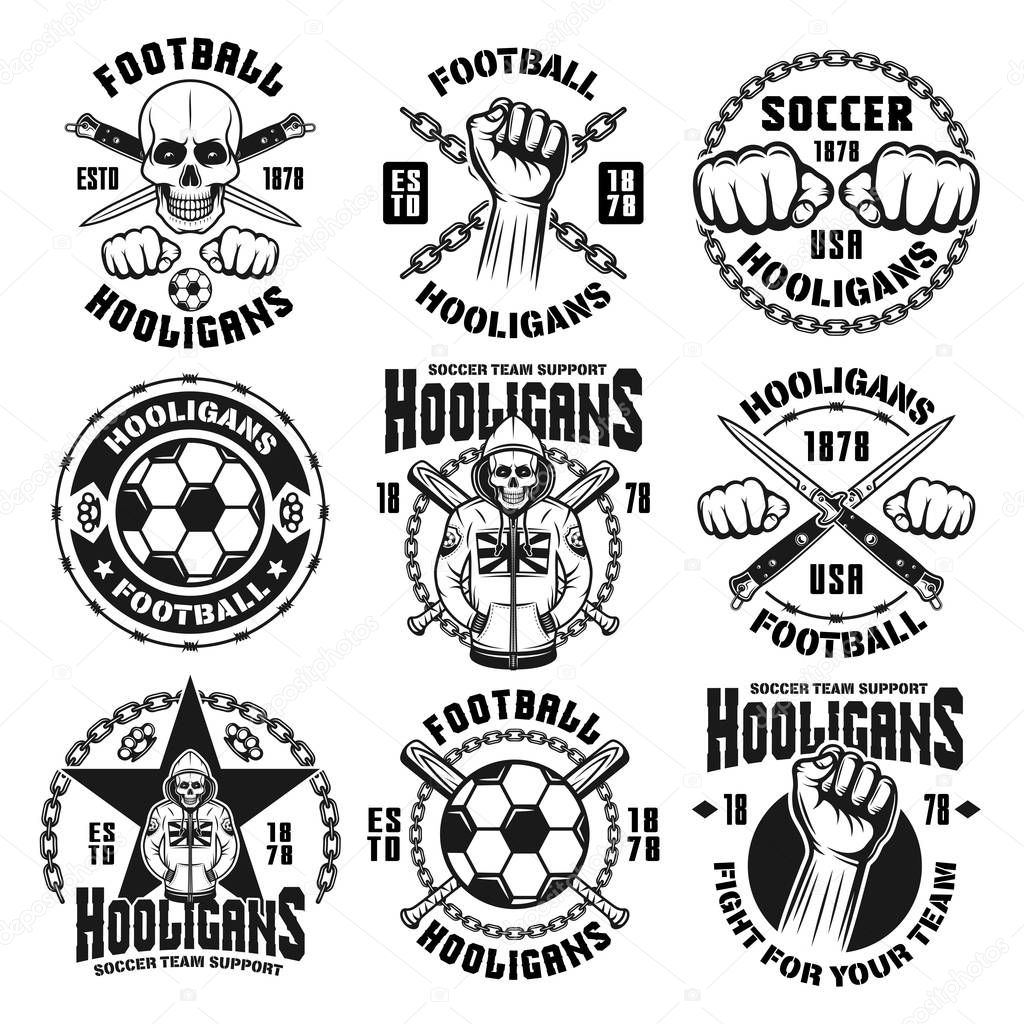 Set of nine vector football or soccer hooligans and bandits emblems, badges, labels or logos in vintage monochrome style isolated on white background
