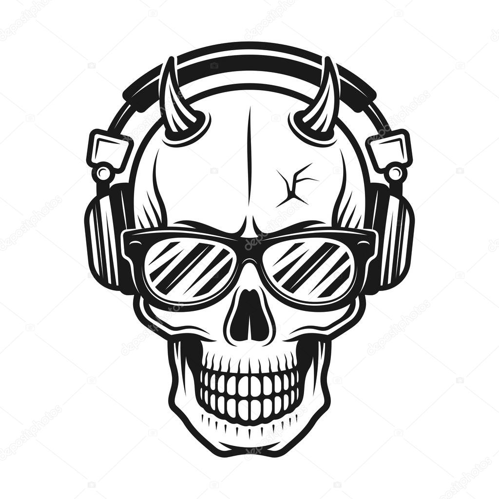 Devil skull head with horns in headphones