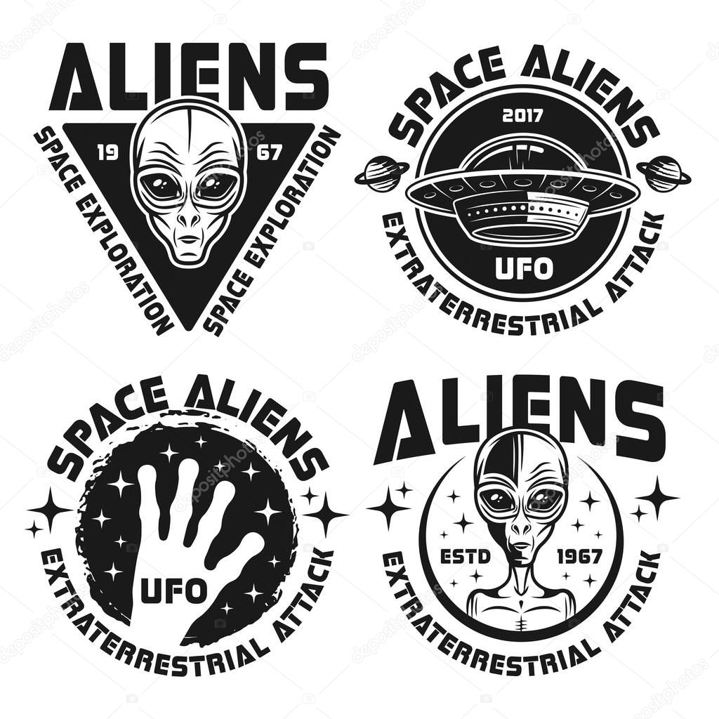 Aliens and ufo set of vector black emblems, labels, badges or logos in vintage style isolated on white background