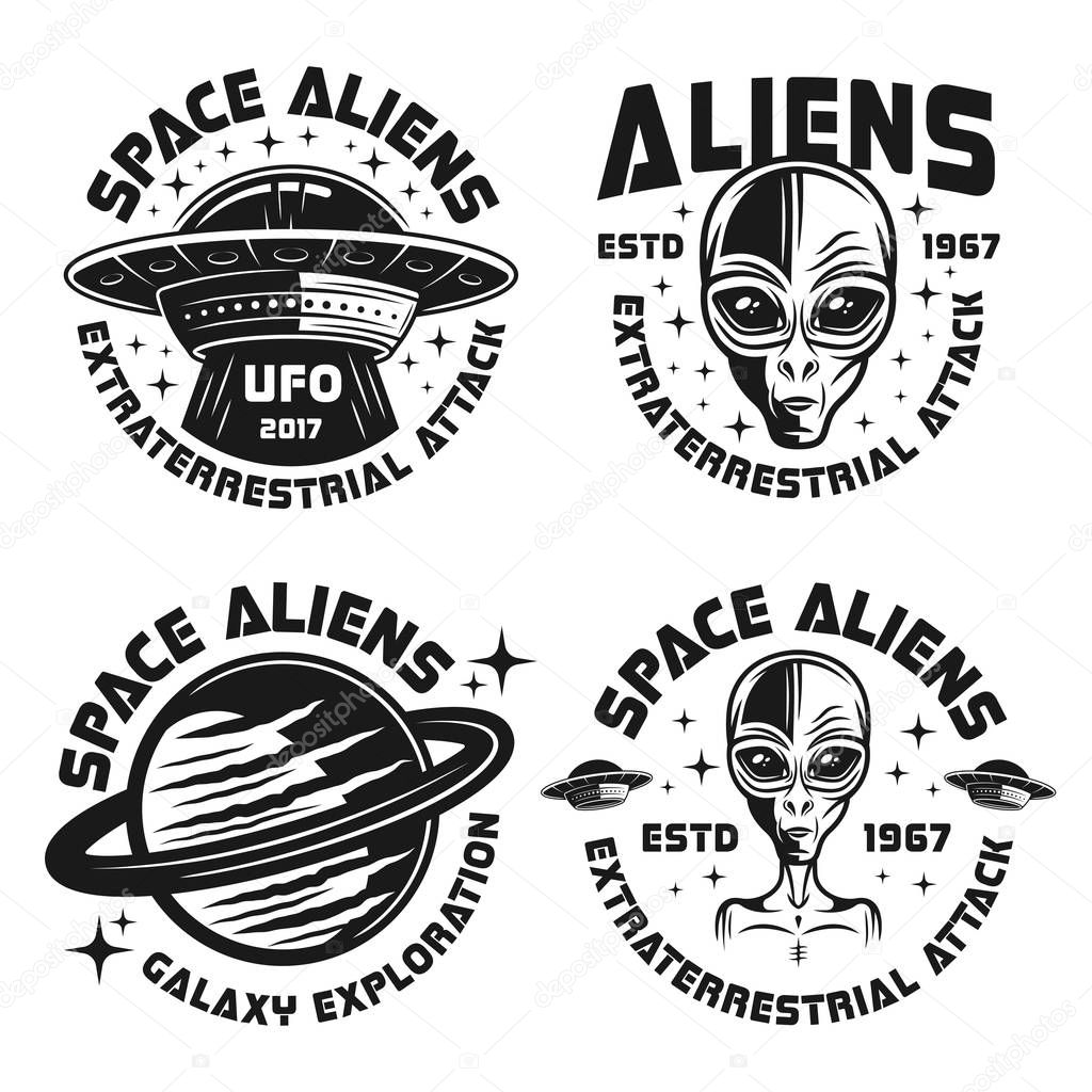 Set of four ufo and aliens vector emblems, labels, badges or logos isolated on white background