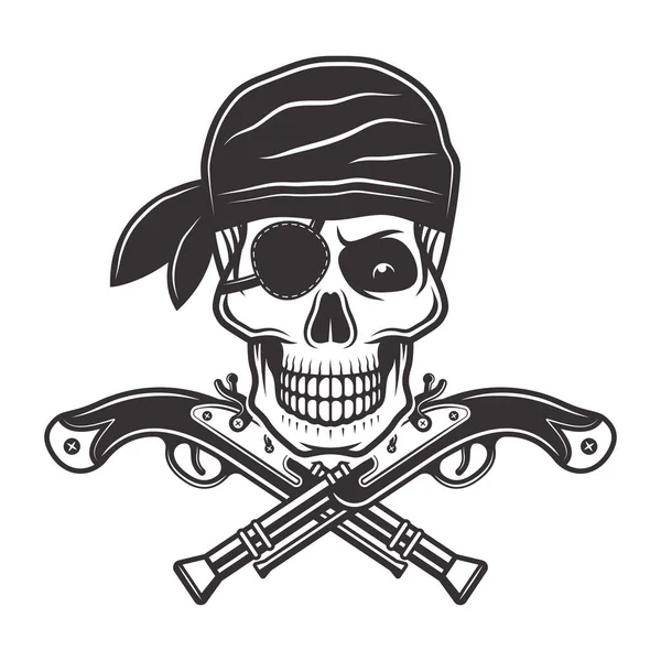 Pirate skull in bandana and two crossed pistols — Stock Vector