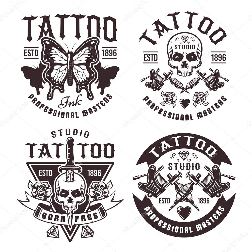 Tattoo studio set of four vector vintage emblems, labels, badges or logos in monochrome style isolated on white background