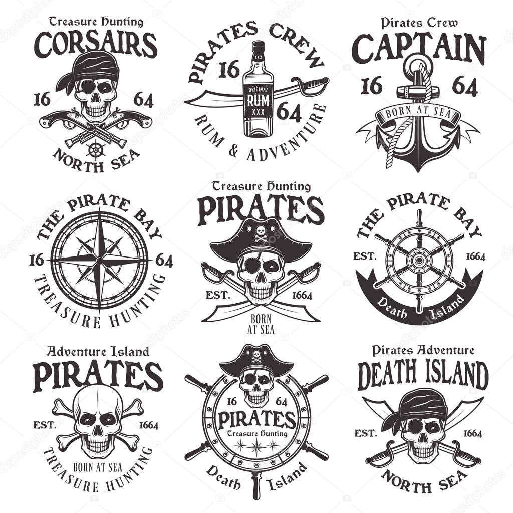 Pirates set of vector vintage emblems, labels, badges and logos in monochrome style isolated on white background