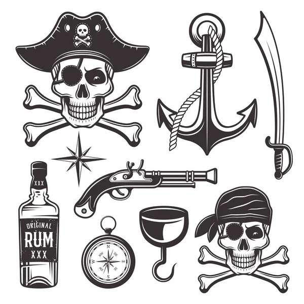 Piratas atributos conjunto de elementos vectoriales vintage — Vector de stock