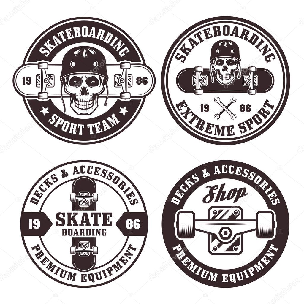 Skateboarding set of four vector round black badges, stickers or logos isolated on white background
