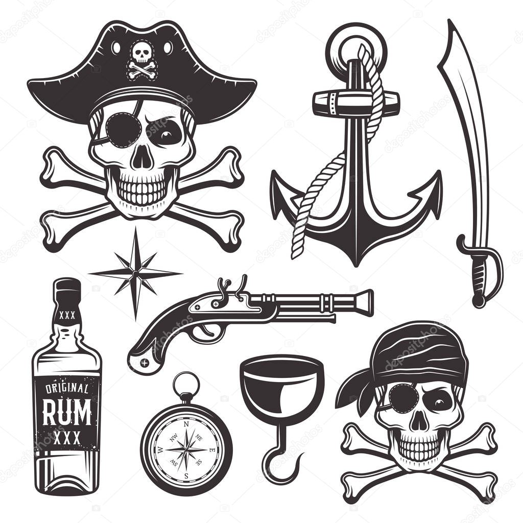 Pirates attributes set of vector vintage elements
