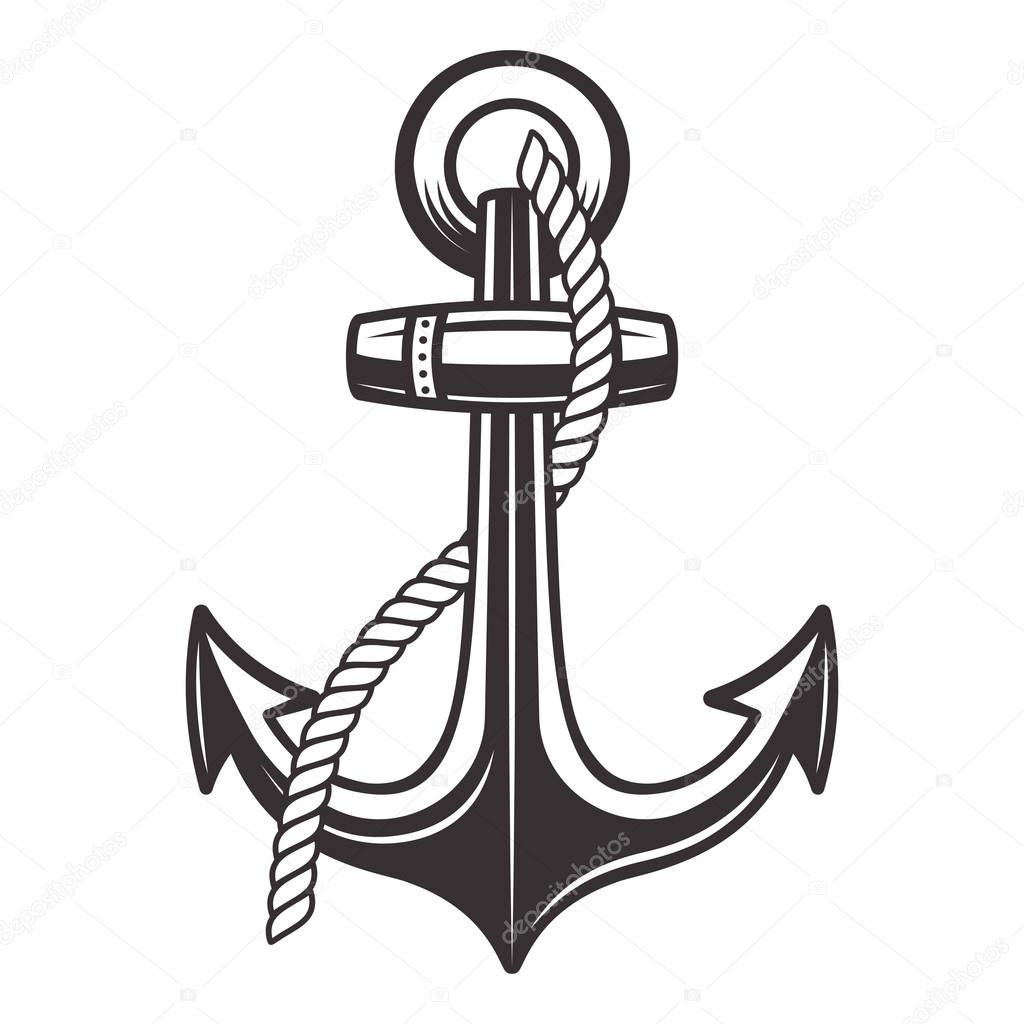 Anchor with rope vector monochrome illustration