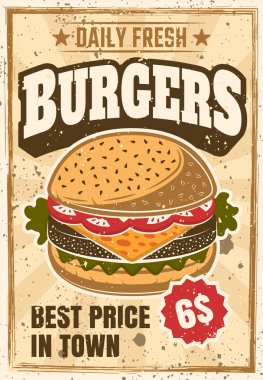 Vintage vektör poster reklam Burger renkli