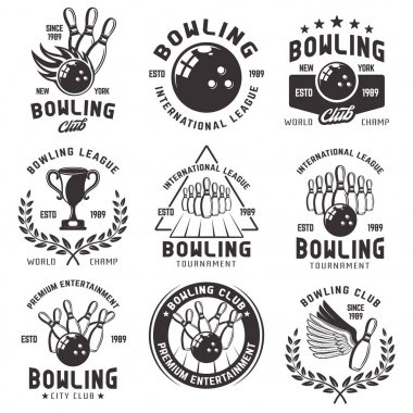 Bowling vektör Amblemler, rozetleri ve etiketleri kümesi