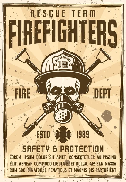 Skallen i gasmask och brandman hjälm affisch — Stock vektor