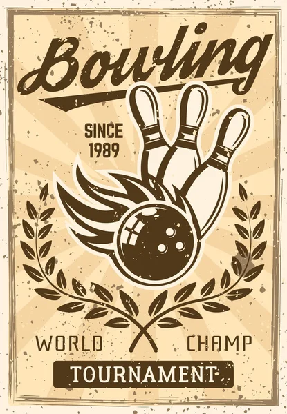 Affiche vintage Bowling avec boule brûlante, skittles — Image vectorielle