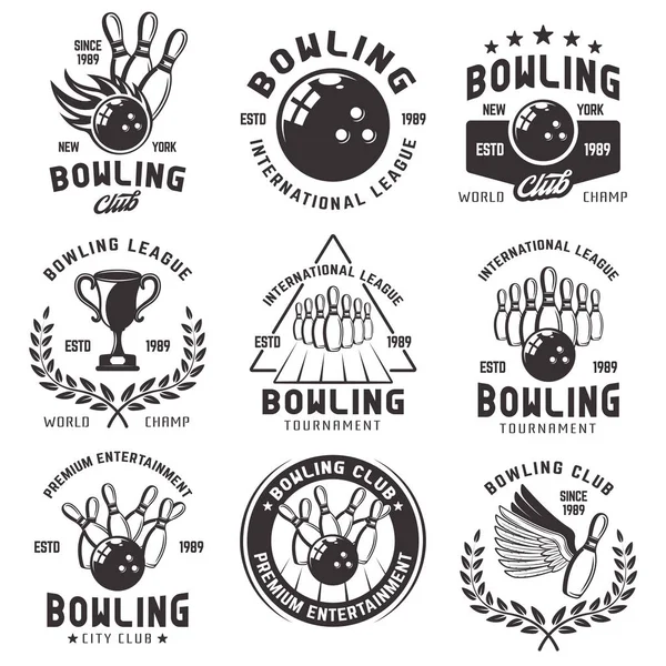 Bowlingset mit Vektor-Emblemen, Abzeichen und Etiketten — Stockvektor